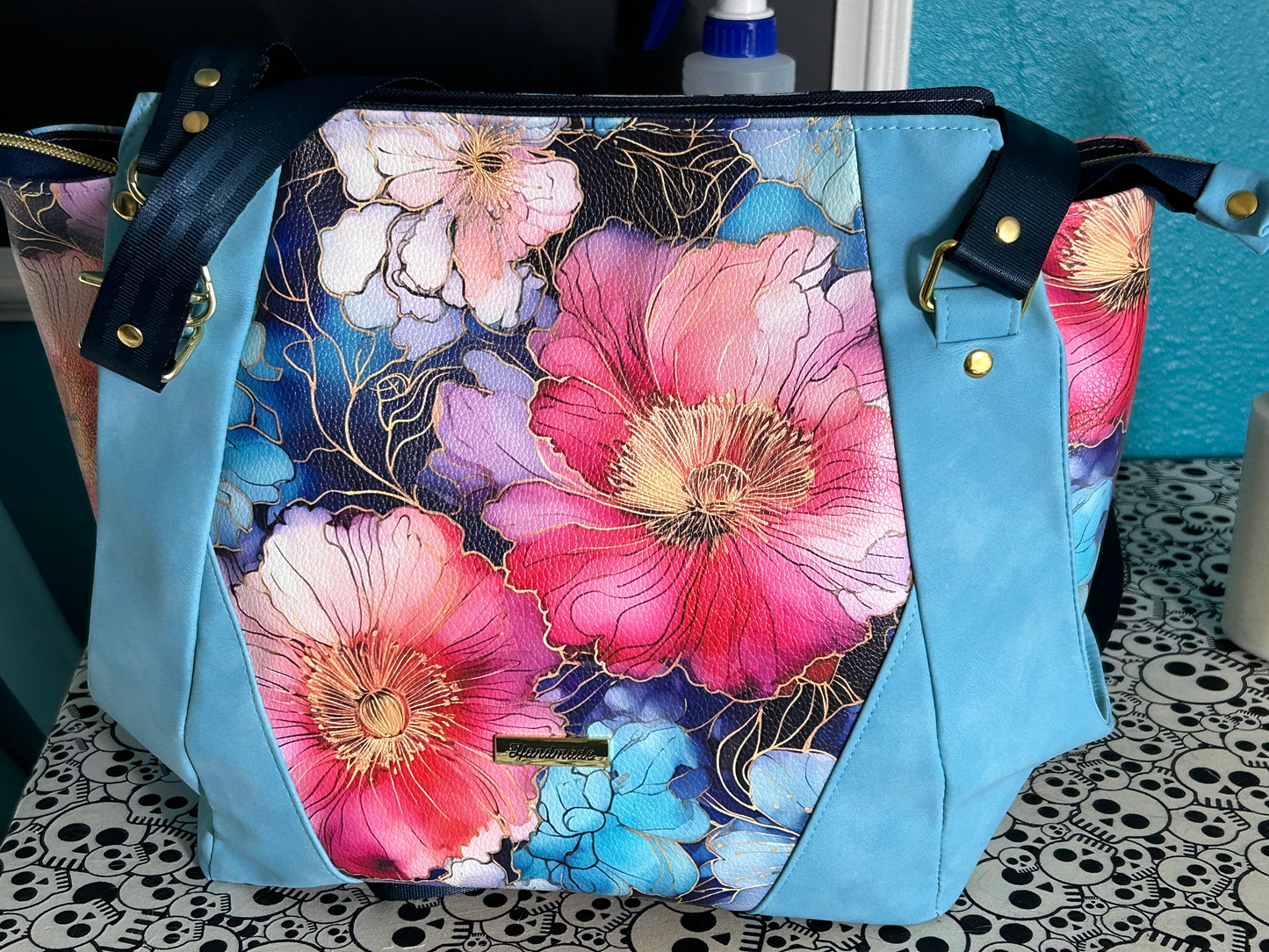 Aqua Flowers Large Handbag