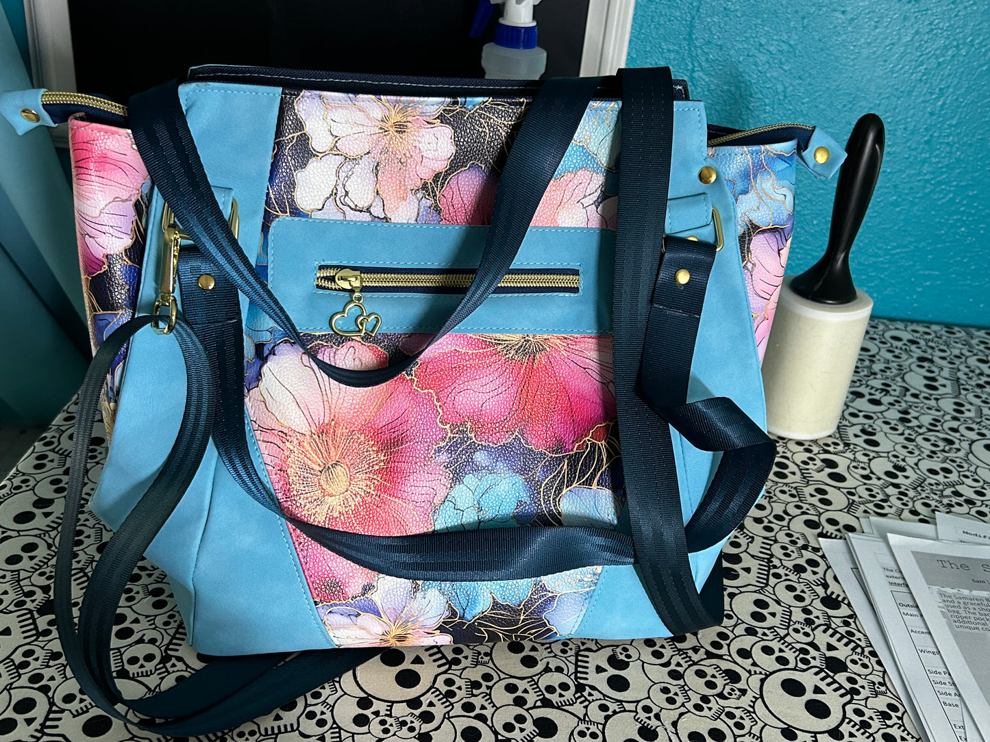 Aqua Flowers Large Handbag