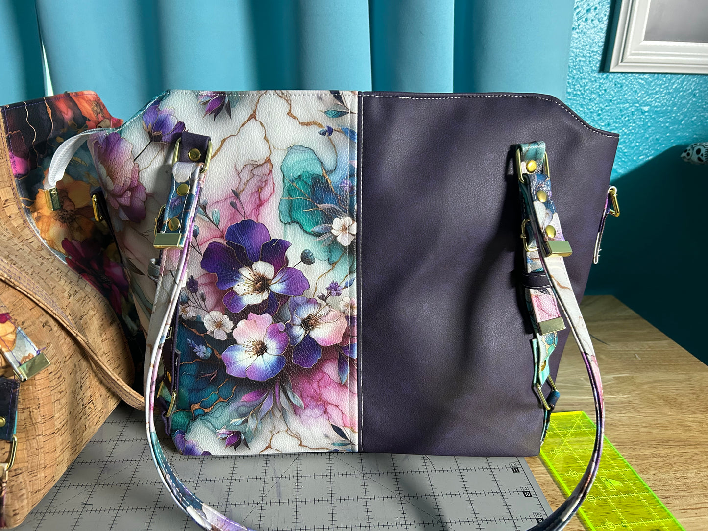 Purple Flower Faux Leather Handbag